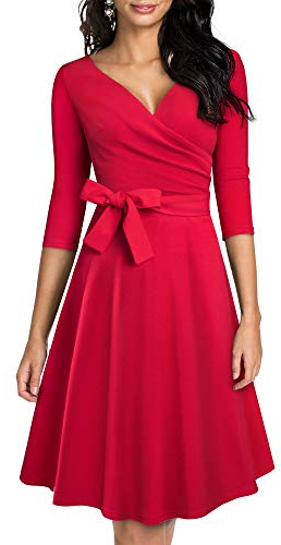 HOMEYEE Damen Retro 50s V-Ausschnitt mit Schärpe Swing Cocktail Party Kleid A240 (M, Rot)