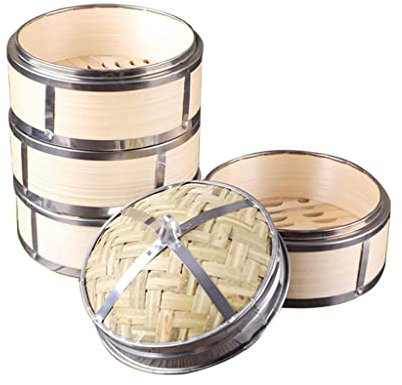 PIAOLING Cesta de Vapor de bambú de 2 Niveles, Cesta de Vapor de bambú con Tapa, vaporeras de Comida China, Cesta de Vapor orgánica Duradera para cocinar Alimentos, Dim Sum (18 cm)