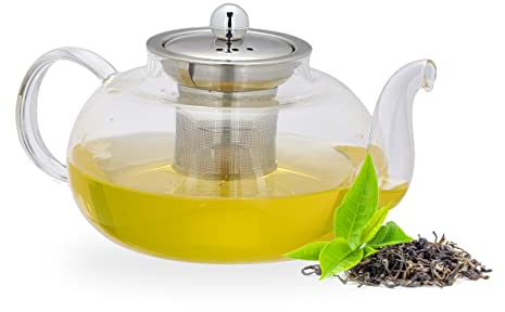 Relaxdays Tetera con Infusor, 1 L, Vidrio Borosilicato, Acero Inoxidable, Jarrita Té a Granel, Transparente/Plateado