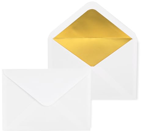 Briefumschläge C6 mit Gold Innenfutter - 162 x 114 mm - Weiß - gefüttert mit Goldfolienpapier- Nassklebung - 50 Stück