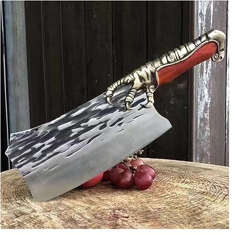 Cuchillo de 8 pulgadas, hacha afilada, hacha forjada hecha a mano, cuchillos de cocina Longquan, decoración de cobre, mango de madera