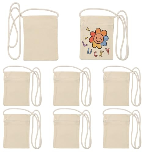 Scettar 8 Stück Stoffbeutel zum Bemalen, Brustbeutel Unbedruckt mit Langer Henkel, 17 X 13 cm Stofftaschen zum Bemalen, Baumwolltasche zum Bemalen, Halstasche für Geburtstagsfeier Geschenk (Beige)