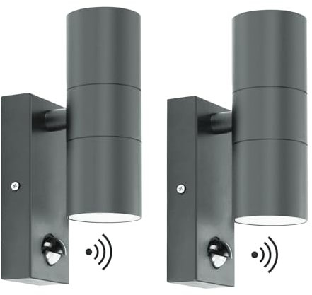 Kerry Outdoor Wall Lights, Up and Down Lamp with Motion Sensor, IP44 Anthracite Grey Stainless Steel Outside Lighting Mains Powered Fixtures, PIR Detector External Wall Sconce for Front Door - 2 Pack