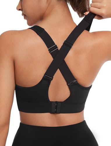 Yvette Verstellbar Sport BH Starker Halt mit Haken & Öse Bügellos Fitness Lauf Bra,Schwarz,L
