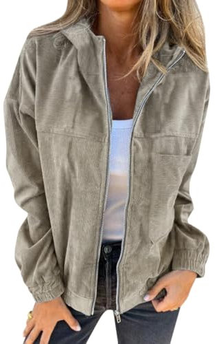 Onsoyours Damen Cord Jacke Übergangsjacke mit Kapuze Brauner Cord Mantel Damen Übergangsjacke Gefüttert Langarm Reißverschluss Herbst-Wintermantel mit Taschen A Khaki XS