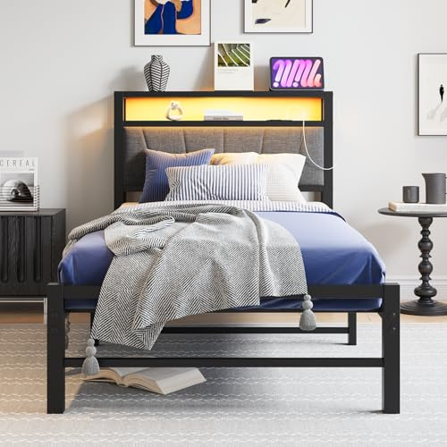 BORPHOM 3ft Single Bed Frames with Storage Headboard,Charging Station/LED Lights,Metal Upholstered Platform Bed Frame Single No Box Spring Needed,Strong Metal Slats Support/Noise Free/Grey