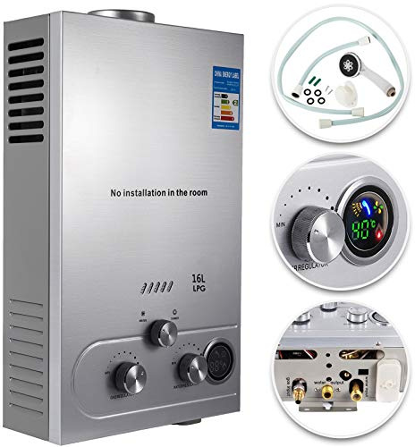 Scaldabagno a Gas GPL,con Modalità Inverno ed Estate,Caldaia a Gas da 32KW a Parete senza Serbatoio Scaldacqua Istantaneo,Scaldabagno Gas di Petrolio Liquefatto,Uscita Dell'acqua Calda 16L/min (16L)