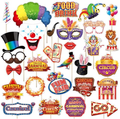 30 Piezas Atrezzo para Fotomatón de Circo,Cabina de Fotos de Carnaval,Divertidas Decoraciones de Carnaval para Fiestas de cumpleaños
