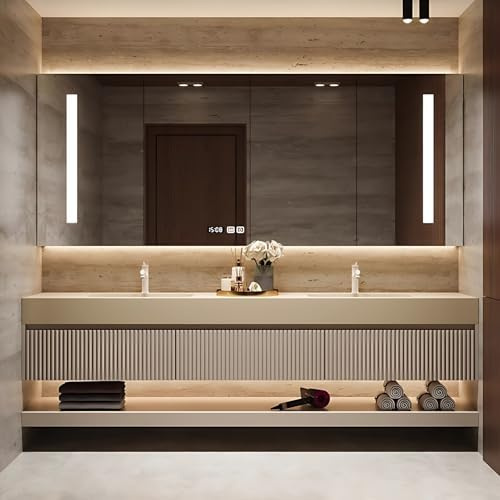Tocador de baño de doble lavabo con espejo antivaho inteligente, luz LED, encimera de pizarra y almacenamiento, armario de pared de madera, diseño moderno de 180 cm