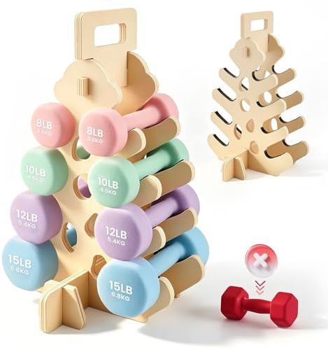 Support Haltères Bois 4 Niveaux, Rangement pour Haltères Néoprène et Vinyle, Porte-haltères Compact Gain de Place pour Home Gym, Charge max 41 kg, Plateau antidérapant