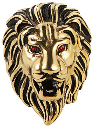 HZMAN Anello da uomo vintage in acciaio inossidabile 316L con occhi rossi e leone in metallo pesante, stile rock, punk, gotico, biker, argento, oro, nero, 3 colori