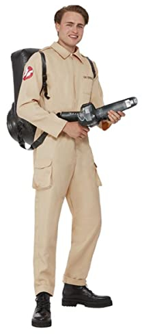 Smiffys Ghostbusters Men's Costume for Adults, Jumpsuit and Inflatable Backpack, Beige, Officially Licensed, Perfect for Halloween, Groups, and 80s Theme Fancy Dress Events