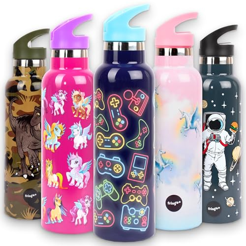 Fringoo - Neon-Gamer-Wasserflasche mit Strohhalm - große BPA-freie Trinkflaschen - isolierte Trinkflasche - Edelstahl-Wasserflasche - Kinder-Wasserflaschen - wiederverwendbare Trinkflasche - 600 ml