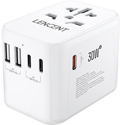 LENCENT Universeller Reiseadapter GaN III 30W, International Adapter mit 2 USB-A&3 USB-C PD Schnellladung Anschlüssen, Weltweite Reisestecker Adapter für Typ A/C/G/I, USA/UK/EU/AUS Steckdosen, Weiß