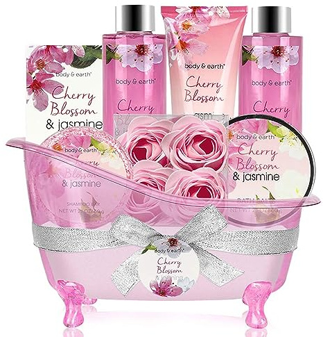 BODY & EARTH 8pcs Pamper Gift Set for Women - Cherry Blossom & Jasmine Bubble Bath, Soap - Birthday, Mother's Day, Spa Bath Gifts