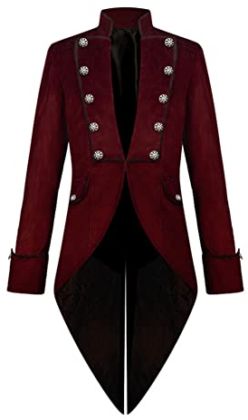 OBEEII Gothic Steampunk Frack Jacke, Herren Vintage Mittellanger Renaissance Viktorianischer Piraten Gehrock Smoking Halloween Karneval Kostüme Rot L