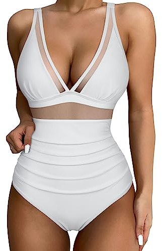 SUUKSESS Women Sexy Mesh Tummy Control Swimsuit Push Up High Waisted Bathing Suit