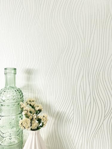 Newroom Papier peint Blanc Vague Intissé - Rayures Sauge Vert Ligne Texture Moderne