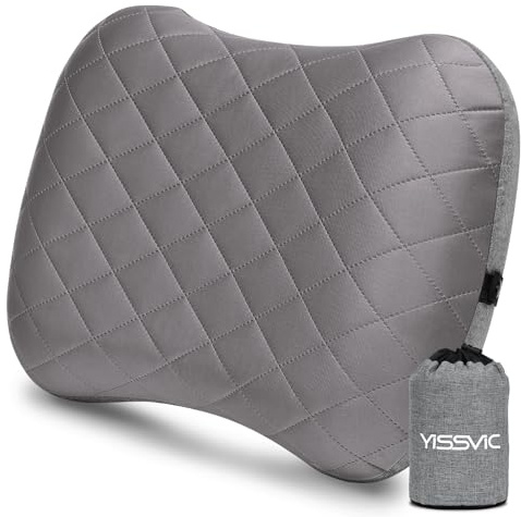 YISSVIC Cuscino Gonfiabile Campeggio con Federa Rimovibile, Cuscino da Viaggio Gonfiabile Ultraleggero Portatile Pieghevole per Campeggio/Trekking/Viaggio/Spiaggia/Volo Aereo (Grigio)