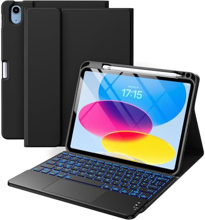 Vobafe Tastiera iPad 10 Generazione 10.9 Pollici 2022, Cover con Tastiera Rimovibile iPad A16 11 Gen 2025 con Trackpad, Italiano QWERTY con 7 Colori Illuminato, Custodia con Portapenna,Nero