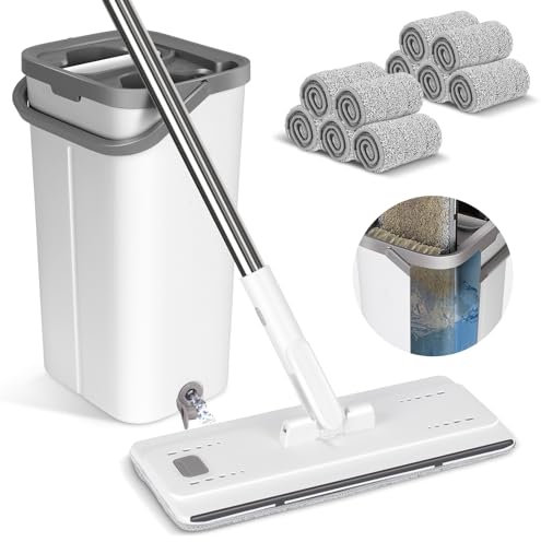 Myiosus Mocio Piatto Lavapavimenti e Secchio, Mop Piatto e Secchio Strizzatore con Manico Lungo 134cm, Floor Mop per Legno Duro, Piastrelle, Marmo, Laminato, 6 Pad Mop Riutilizzabili