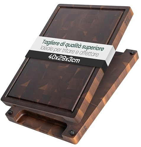 MAKUMORI Premium Schneidebrett aus Massivholz, Stirnholz, End Grain 40x29x3cm - Aus karbonisiertem Akazienholz -FSC®-zertifiziert, Standfüße, Saftrinne und große Griffmulden