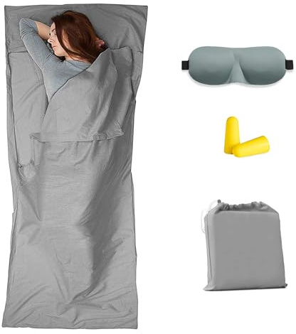 Sacco a pelo da campeggio, lenzuolo da viaggio, ostelli, hotel, sacco a pelo leggero con maschera per gli occhi e tappi per le orecchie, per campeggio, hotel e viaggi