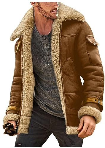 CHXLQQX Mens Sherpa Lined Leather Jacket Suede Sherpa Shearling Faux Fur Coat with Sheepskin Winter Lamb Wool Bomber Coat Brown