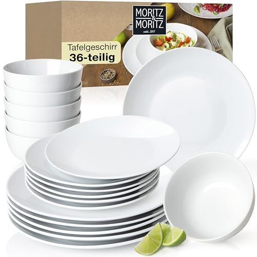 Moritz & Moritz BASIC 36-Piece White Dinner Set for 12 People – Modern Porcelain Tableware for 12 – Elegant Crockery Set with Plates & Bowls – Classic Minimalist Dish Set – Microwave & Dishwasher Safe