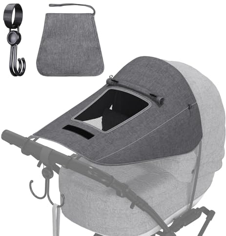 LEMESO Parasole Passeggino Universale Grigio con Tetto Aperto Regolabile, Copertura Ombreggiante 3 Lati, con Borsa di Trasporto per Carrozzine