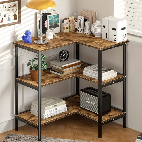VECELO Corner Cabinet Table with 3 Tier Open Shelf, Multipurpose Display Organizer Storage Stand for Small Space Home Office Kitchen, Brown