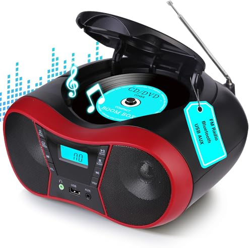M-Amazup Bärbar CD-spelare, boombox, bärbara CD-spelare för hem, radio, CD-spelare, stereo med AUX/USB/FM/Bluetooth, AC/batteri, sömntimer, boom box med Bluetooth-gåva för barn, seniorer, hem, röd