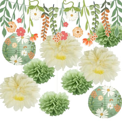 Syoulin-gartenparty deko， hochzeit pompons deko，girlande|Papierblumen|Papierlaterne，Sanfte Farben、natürliche Wald Party Dekorationen, geeignet für Garten|Hochzeit|Geburtstag|Party deko