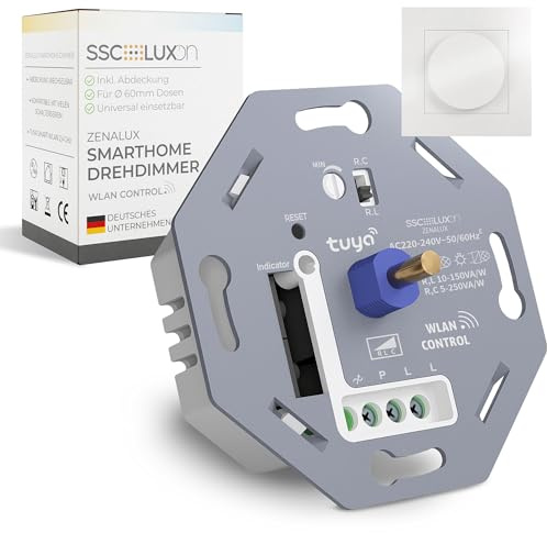 SSC-LUXon ZENALUX Smarter WLAN Drehdimmer LED mit Abdeckung - Universal Dimmer Unterputz kompatibel mit Alexa, Google Home & Tuya Smart Life