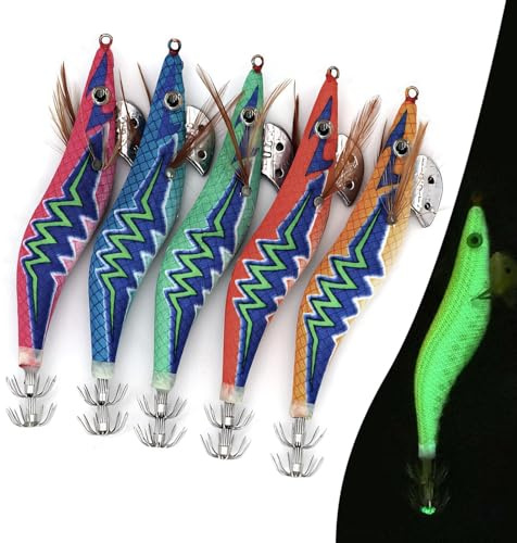 5Pcs Squid Jig Luminous Fishing Lures, Glow Squid Jig Hooks Hard Shrimp Lure Saltwater Glow Baits Artificial Fluorescent Fake Prawn Lure for Octopus Cuttlefish, Sea Fishing Lures Kit (14cm)