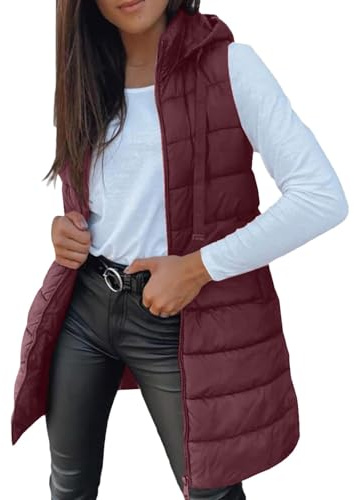 Generisch Gilet Donna Lungo Trapuntato Senza Maniche con Cappuccio Longweste in Cotone Gilet Donna per Autunno e Inverno Giubbotto in Piuma Leggero Cappuccio Elegante Gilet da Transizione con Tasche e