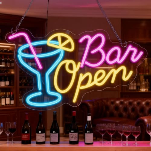 Bar Open Néon, 44 X 30 cm Enseigne Lumineuse Bar, Enseigne Lumineuse Cocktail, Panneau Néon Bar Open USB Alimenté Enseignes Lumineuses Pour Les Bars, Club, Bistro, D'anniversaire