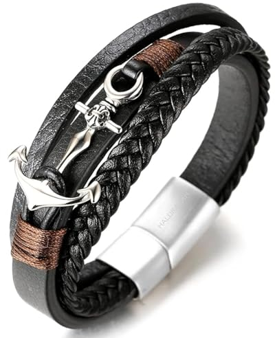 Halukakah ● Segeln ● Herren-Armband Handgefertigt | Echtleder Schwarz | Magnetverschluss Edelstahl in Silber | Wickelarmband 3 Runde | mit Titan Anker | KOSTENLOS Geschenkbox | 21.5cm