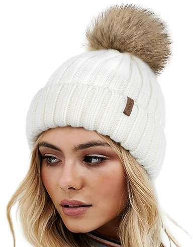 FURTALK Wintermütze warme Strickmütze Damen Mütze mit Kunstpelz Bommel