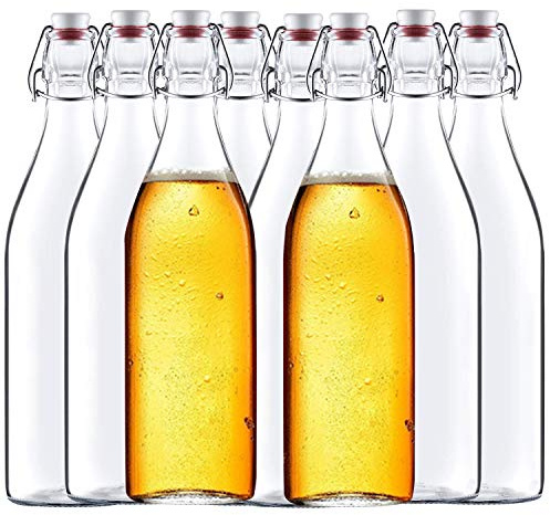 Encheng 32 oz Clear Glass Bottles with Air Tight Lids,Easy Cap Bottle for Beer and Home Brewing,Glass Kombucha Bottles with Stoppers,Swing Top Bottle for Beverages 8 Pack