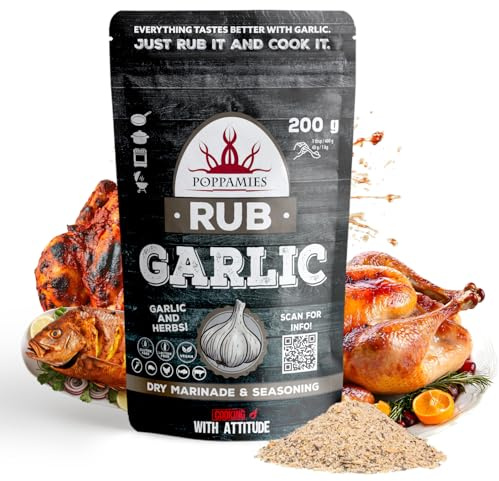 Poppamies Garlic Rub, Dry Marinade & BBQ Seasoning Perfect for Fish, Beef, Vegies, Pork, Chicken - Great in The Grill, Barbecue, Oven, Boiler and Pan - Large Pack (200g)
