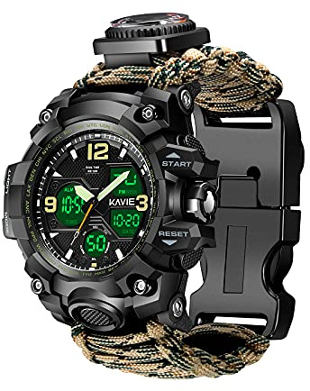 23-in-1 Survival Military Digital Watch, Mens Tactical Multi-Functional and Adjustable Wristband Outdoors Waterproof Sports Dual Dial Watches with Compass Paracord Band