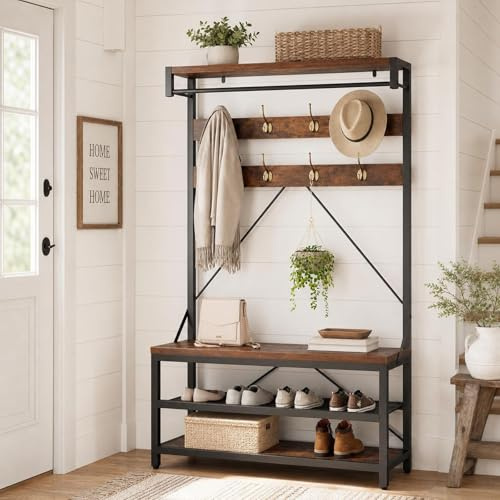 IDEALHOUSE Coat Rack Shoe Bench Industrial Hall Tree Storage Bench for Entryway Wood Look Accent Large Shoe Rack with Storage Shelf Hanging Bar,8 Hooks Grey 39.9x15.7x72