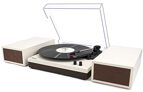 LP&No.1 Bluetooth-skivspelare med stereobokhyllhögtalare, retro skivspelare med trådlös uppspelning, 3 hastigheter remdrift vintage skivspelare med automatisk avstängning, mjölkvit, LPSC-008