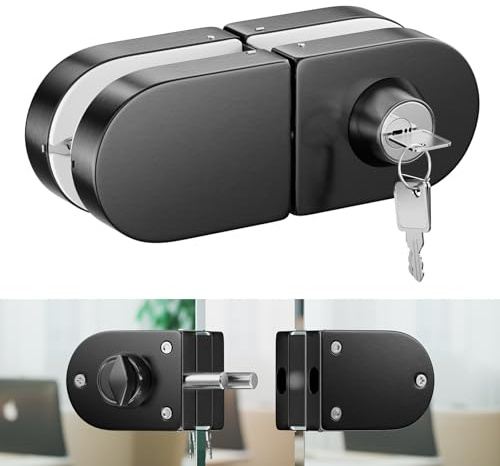 Ranbo cerraduras para puertas sin marco, cierre para puerta de cristal con llave, acabado negro cepillado, compatible con vidrio de 10~12 mm, instalación sin taladro, ideal para el hogar u oficina