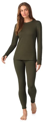 Cuddl Duds Womens Heavyweight Fleece 2 Piece Long Sleeve Thermal Underwear Set – Shirt & Leggings Base Layer for Cold Weather – Winter Clothing Long Johns Lounge Sets for Women, Green, S