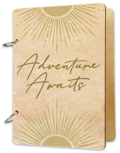 SUPERDANT Wooden Loose Leaf Binder Adventure Awaits Greeting Card Holder Postcard Organizer Book 2-Rings Cover Sun Birthday Reminder Calendar Keeper Organizer Card Keepsake Wood Cover File Folder