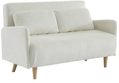 sweeek - Canapé Convertible en Velours côtelé - Panam - 2 Places scandinave. Pieds Bois. Blanc. Banquette. Dossier inclinable