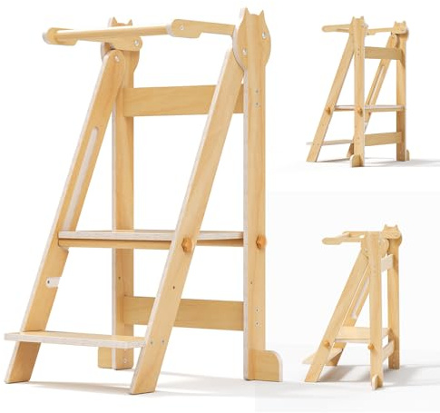 Torre de Aprendizaje Plegable, ayudante de Cocina Montessori Que Ahorra Espacio con barandillas de Seguridad, Taburete Ajustable para niños de 18 Meses a 5 años, Madera Natural (Capacidad de 50 kg)