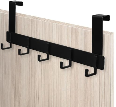 KNGNGK 1 Stück Türhaken Tür Kleiderhaken Türhakenleiste Türgarderobe Türhänger Tür Jackenhalter Türhaken zum Einhängen Türhakenleiste Schwarz mit 5 Haken für Badezimmer Wohnzimmer Küche bis zu 10kg